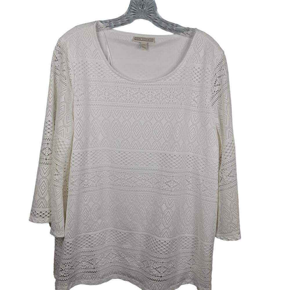 NWT Dana Buchman White 3/4 Sleeve Lace Overlay Top Size XL